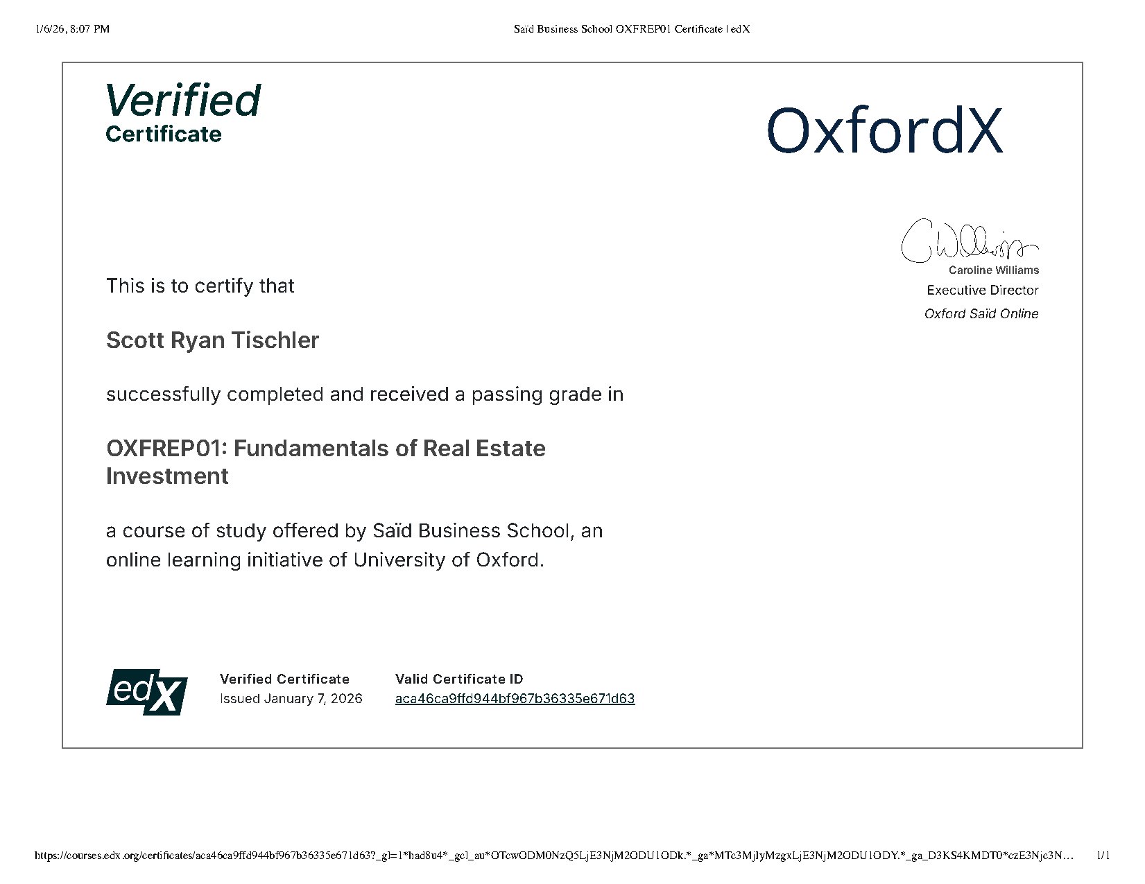 University of Oxford, Saïd Business School verified certificate — Fundamentals of Real Estate Investment (OXFREP01) awarded to Scott Ryan Tischler